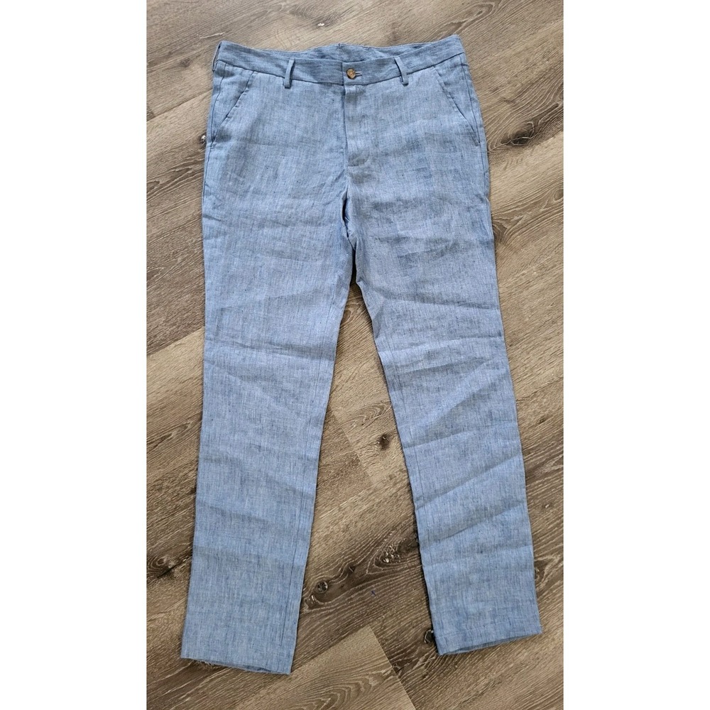 Mens Stantt Blue Linen Coastal Resort Beach Pants Sz 32x30